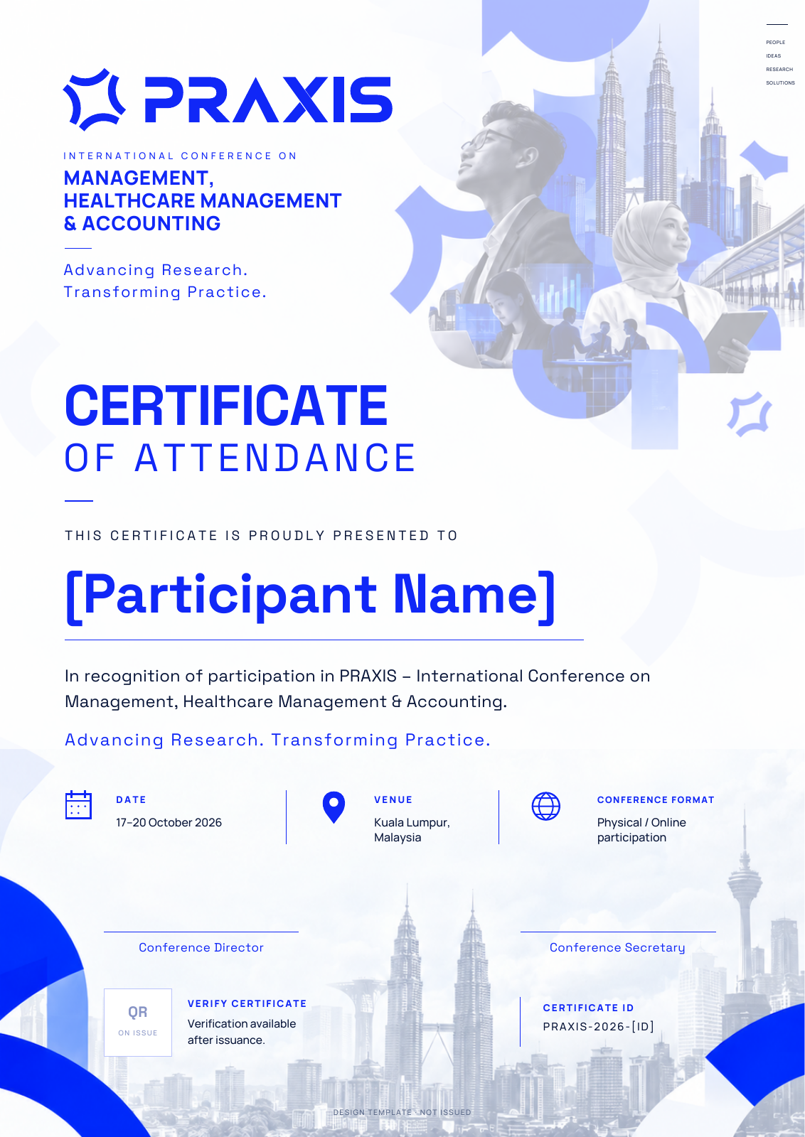 PRAXIS blue and white portrait certificate of attendance design sample with placeholder participant details